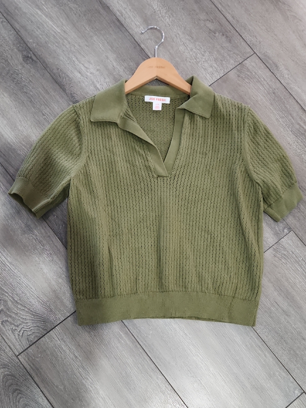 Joe Fresh Olive Green Short Sleeve Open V Knit Top